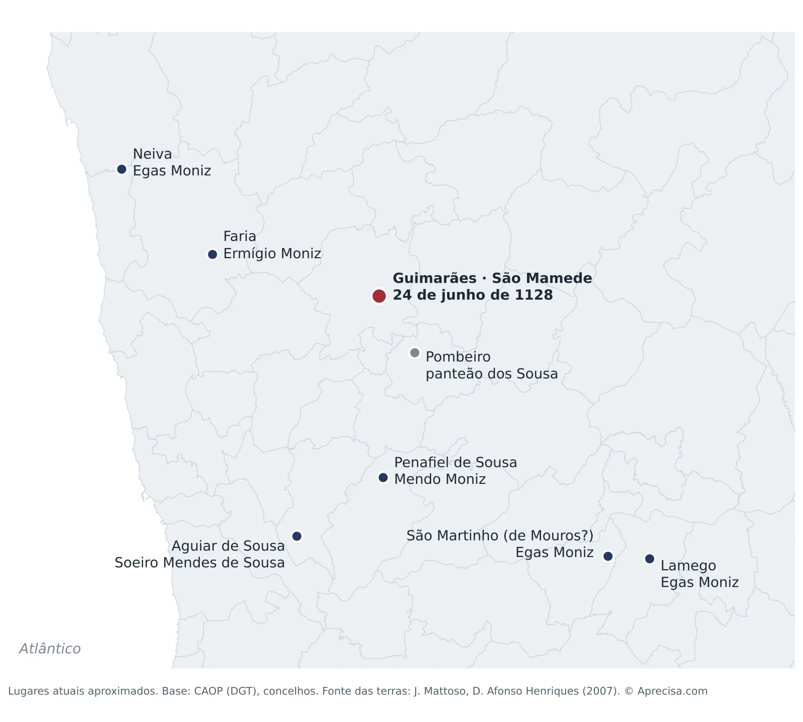 Mapa do Entre-Douro-e-Minho com Guimarães e as terras governadas pelos senhores do lado do infante: Faria, Neiva, Lamego, São Martinho, Penafiel de Sousa e Aguiar de Sousa